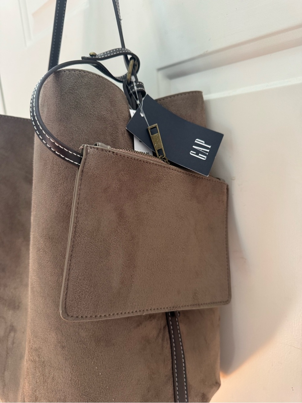 GAP Taupe Suede Shoulder Tote with Dark Trim - Picture 2 of 8